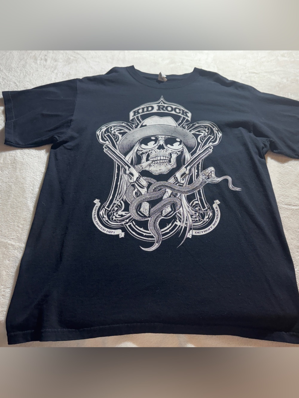 Anvil Black Short Sleeve Tee with White Kid Rock Skull & Snake Graphic